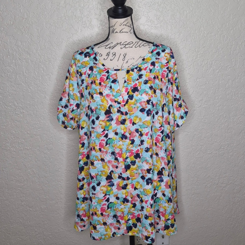Van Heusen XXL Womens Multi Color Abstract Floral Split Neck Short Sleeve Blouse
